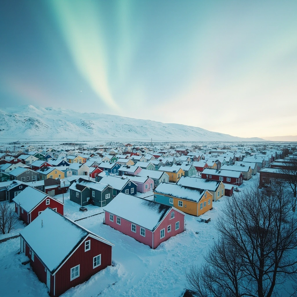 Casas de Reykjavik bajo la aurora boreal